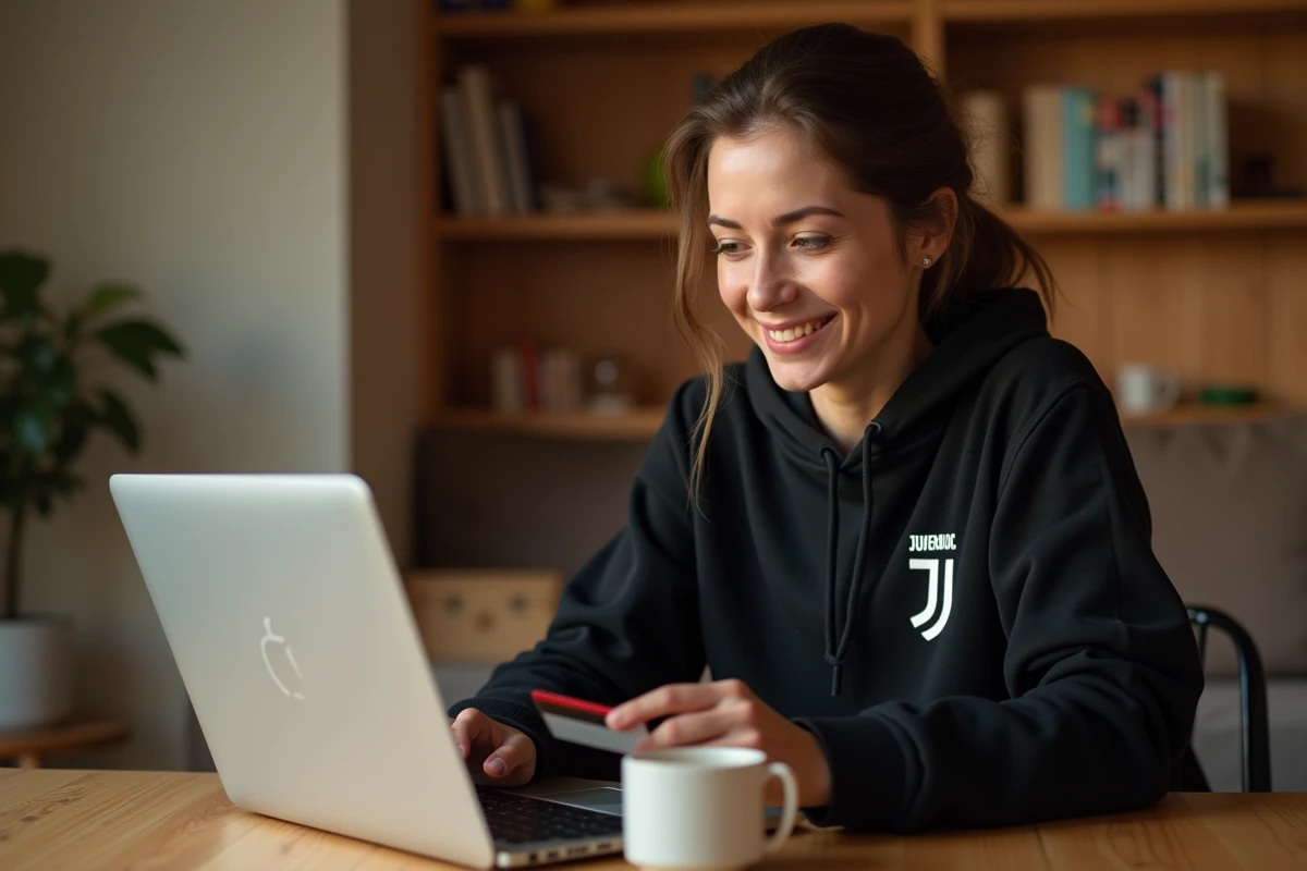Femme achetant des billets pour un match de la Juventus FC en ligne depuis son domicile sur un ordinateur portable