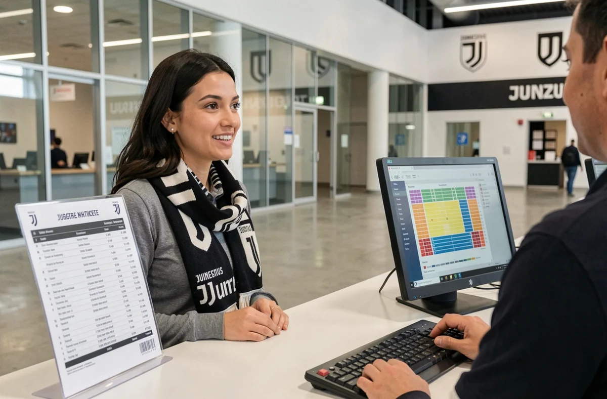 Supportrice de la Juventus achetant des billets au guichet officiel du stade avec grille tarifaire visible