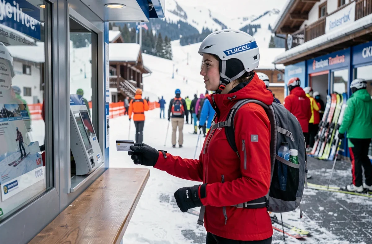 Skieuse achetant son forfait aux guichets de la station des Deux Alpes avec des pistes enneigées en arrière-plan