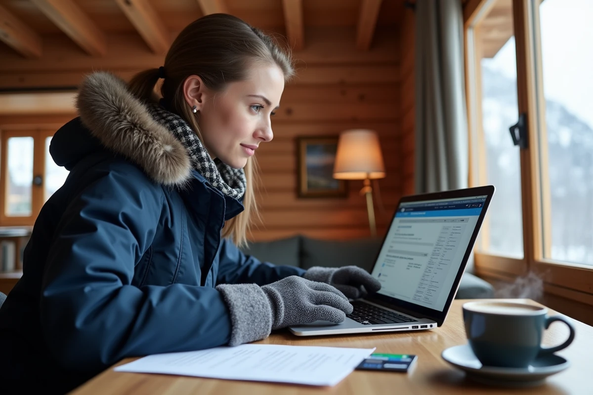 Femme consultant un forfait de ski Les Sept Laux sur un ordinateur portable dans un chalet de montagne