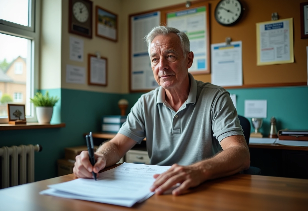 Administrateur de club sportif examinant des formulaires dans son bureau