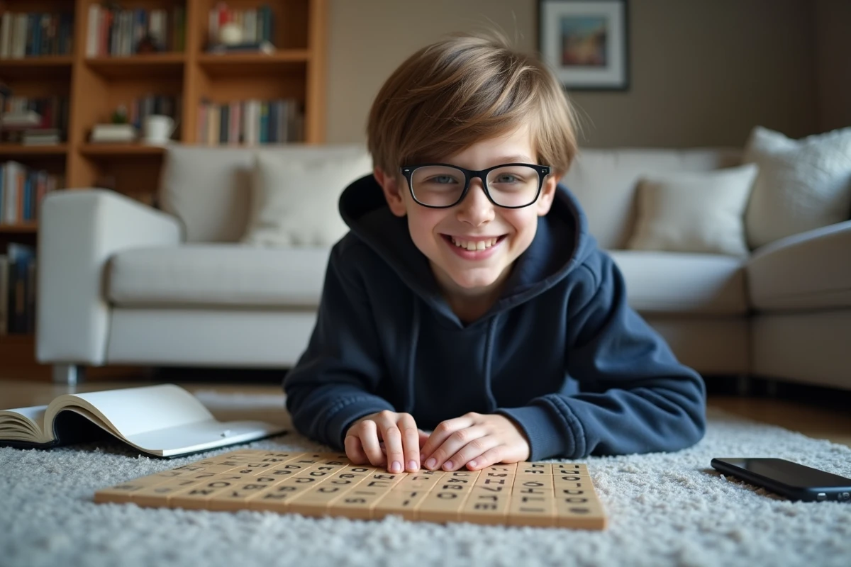 Adolescent souriant joue au Scrabble sur le tapis