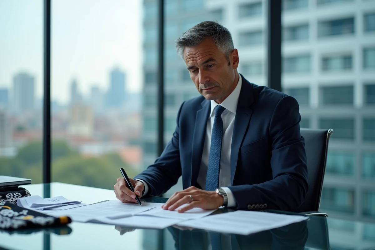 Agent sportif examinant des contrats de joueurs du Real Madrid dans un bureau moderne à Madrid