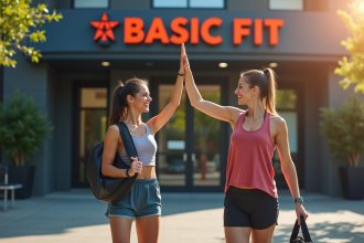 Deux amis se félicitant devant une entrée de gym Basic Fit