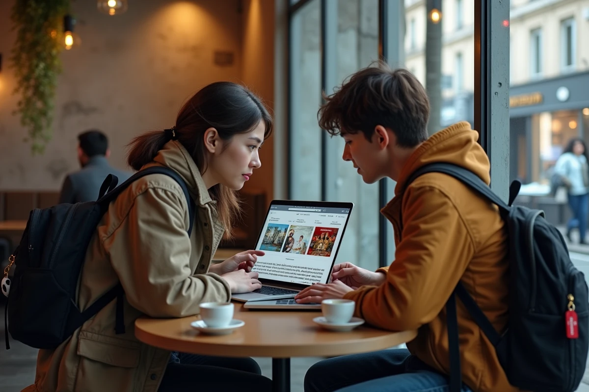 Deux amis regardant ensemble un scan de manga football en français sur un ordinateur portable dans un café