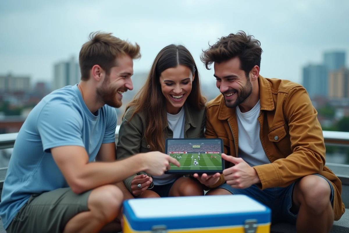 Groupe d'amis regardant un match de football en streaming gratuit et légal sur une tablette en terrasse urbaine