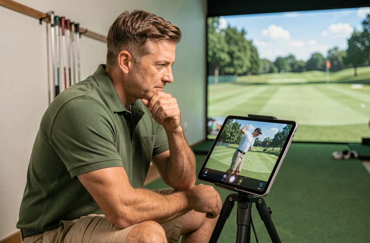 Golfeur débutant analysant les erreurs de son swing en vidéo sur tablette dans un studio d'entraînement au golf