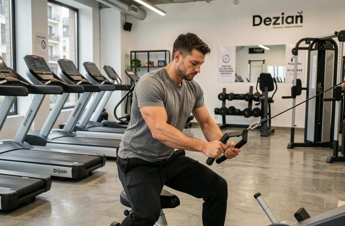 Membre masculin s'entraînant sur machine à câble dans la salle L'Appart Fitness au centre-ville de Dijon