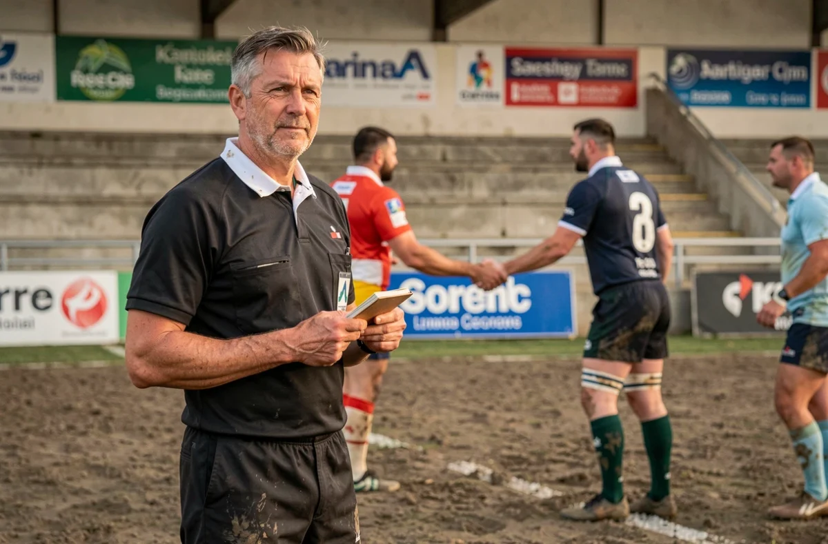 Arbitre de rugby Nationale 2 notant les résultats sur le terrain après un match régional