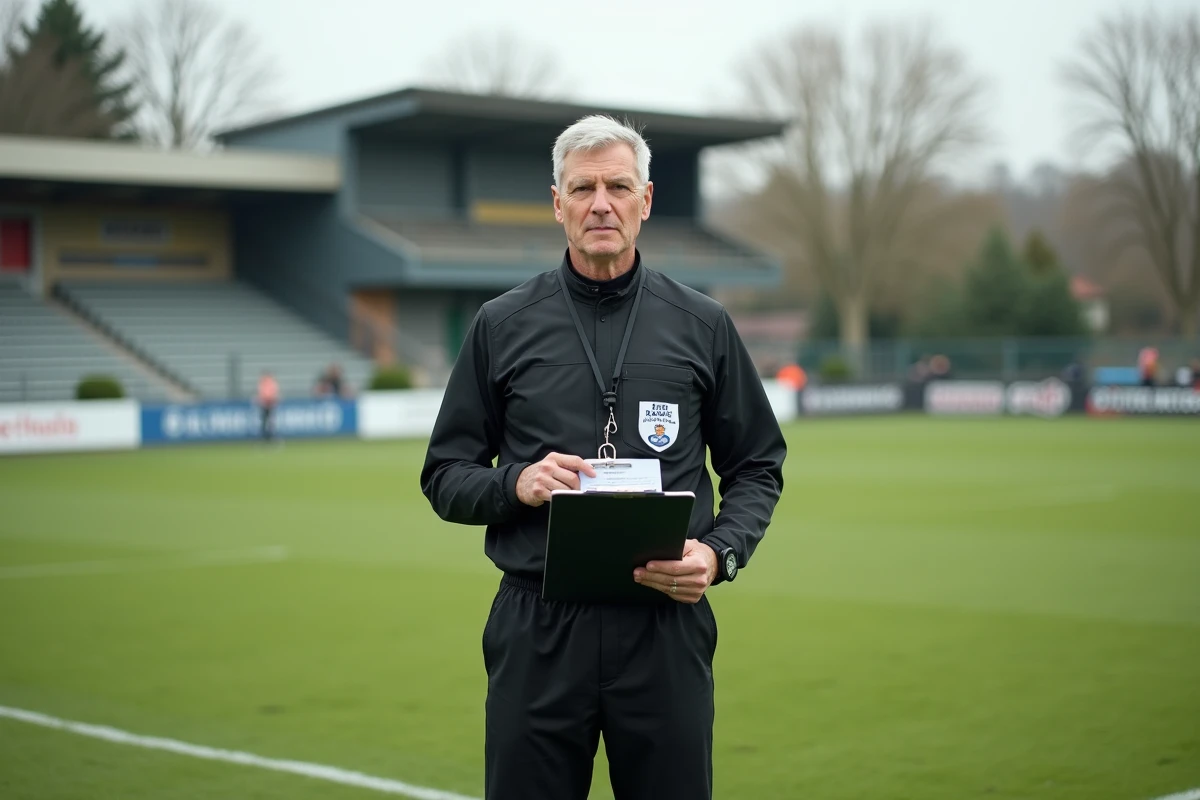Arbitre de football de district consultant un calendrier de tournoi sur un terrain municipal