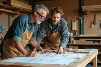 Artisan menuisier et client examinant ensemble les plans d'un sports cabin sur mesure dans un atelier de charpente