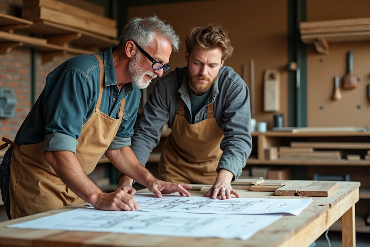 Artisan menuisier et client examinant ensemble les plans d'un sports cabin sur mesure dans un atelier de charpente