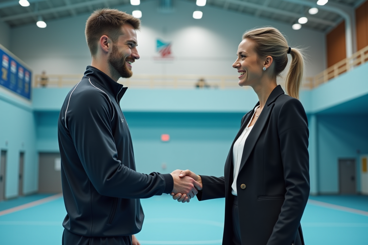 Jeune athlète homme souriant avec une femme d'affaires dans un centre sportif