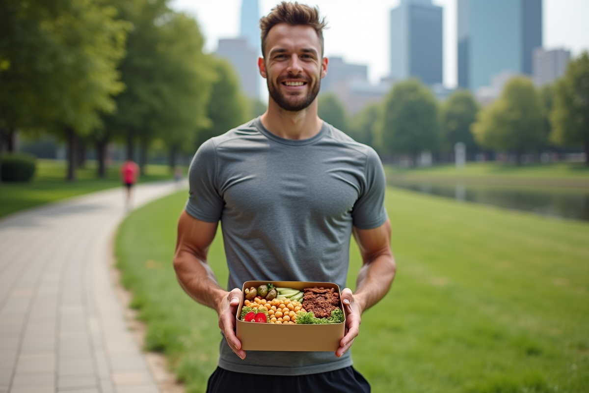 Homme athlète en extérieur avec boîte repas végétale