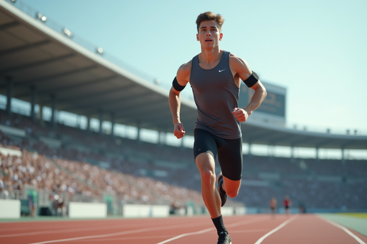 Jeune athlète en course sur piste moderne lors d’un événement sportif