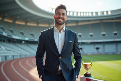 Homme athlète confiant en costume élégant devant stade