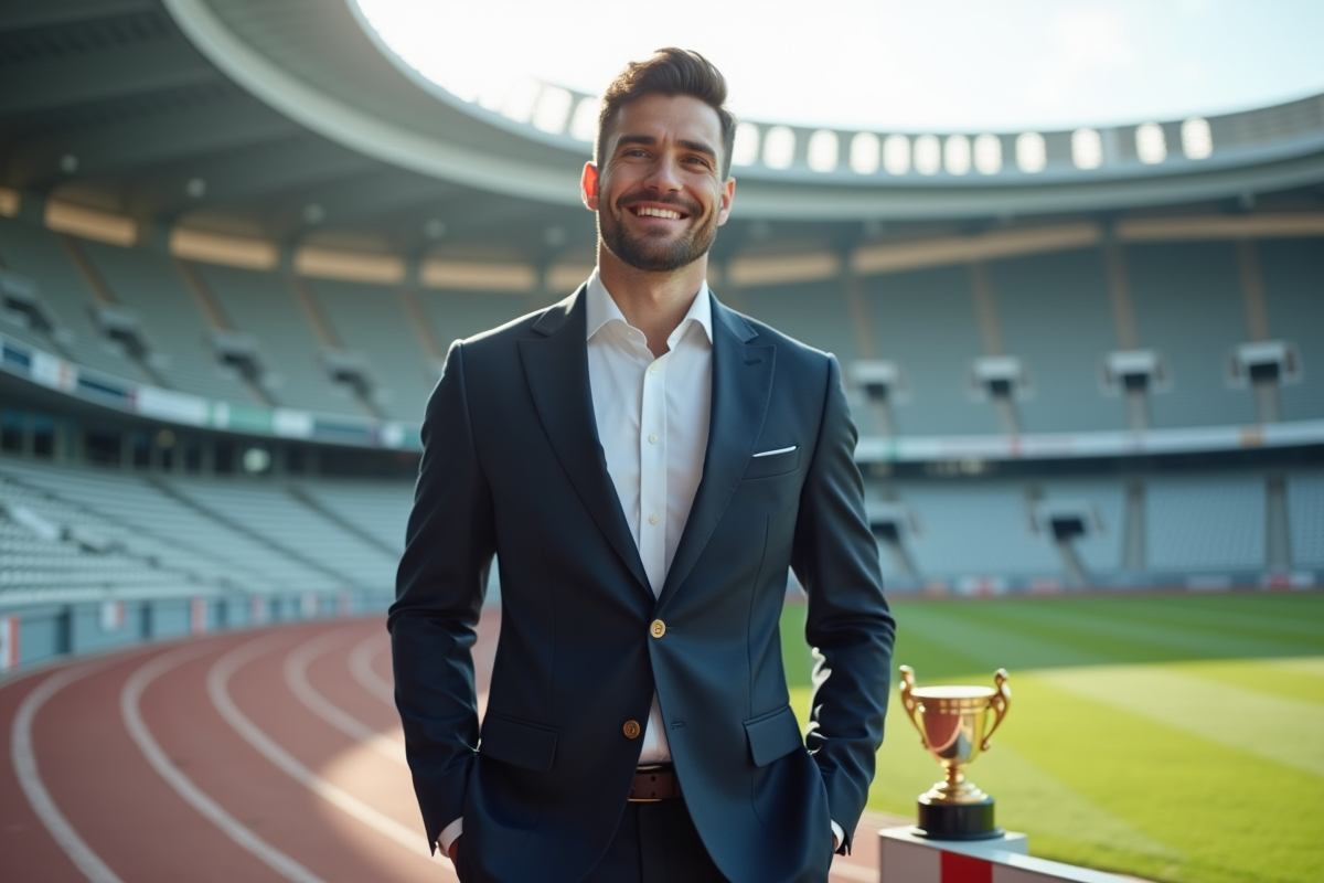 Homme athlète confiant en costume élégant devant stade