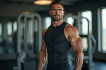 Athlète masculin musclé en phase de sèche dans une salle de sport moderne, mettant en valeur un physique défini et une silhouette athlétique