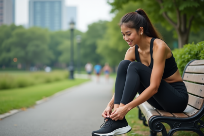 Jeune athlète femme en course s'attache ses chaussures