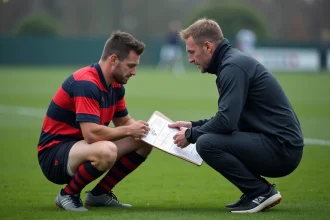 Joueur de rugby du club de Bergerac analysant une tactique avec son entraîneur sur le terrain en Fédérale