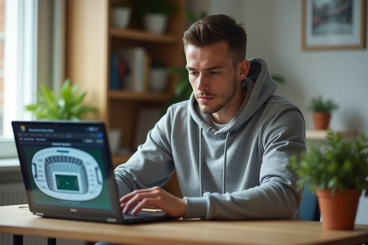 Jeune homme consultant la billetterie du RCSA sur son ordinateur portable pour choisir entre tribune famille et kop ultra