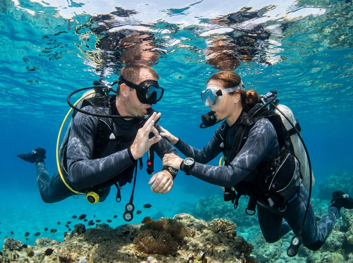 Deux plongeurs effectuant un contrôle de sécurité mutuel de leurs réserves d'air sous l'eau, check de plongée en binôme