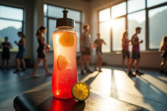 Bouteille d'eau sportive avec boisson électrolytique colorée sur un banc de gym