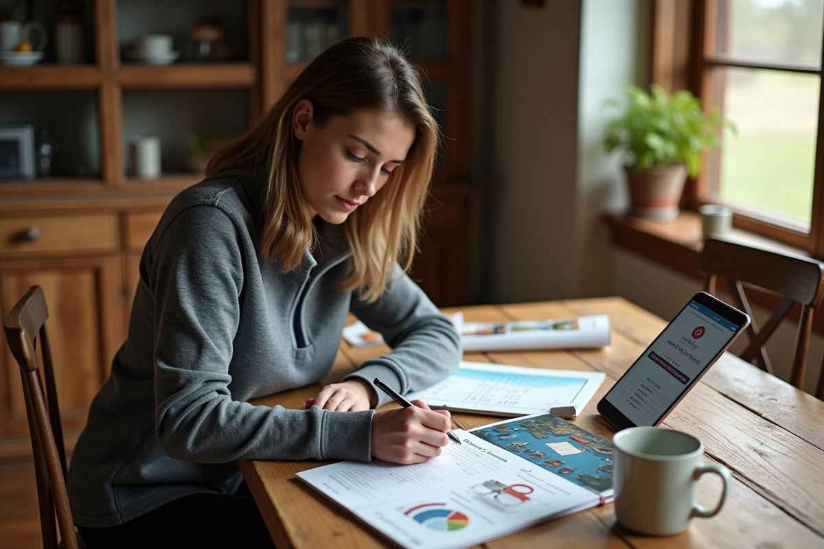 Femme calculant le coût de sa carte de pêche 2026 à une table avec carnet de notes et smartphone affichant les tarifs