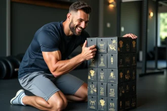 Homme sportif musclé qui ouvre un calendrier de l'Avent fitness posé sur le sol d'une salle de sport à domicile