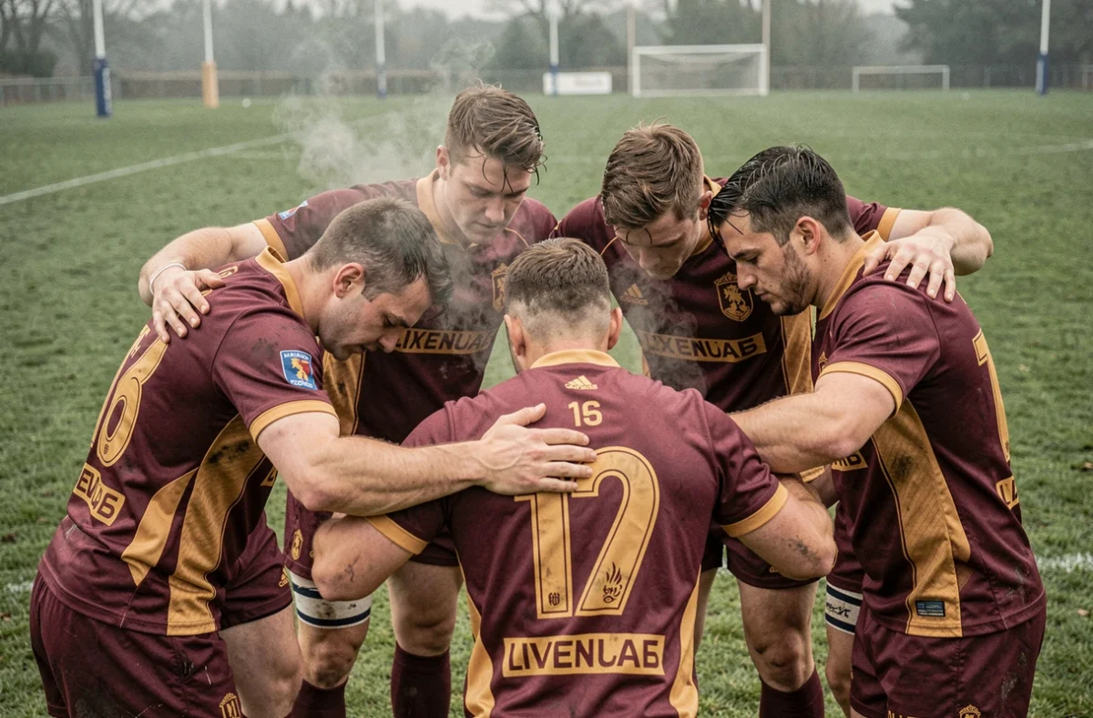 Joueurs de rugby formant un cercle d'équipe avant un match crucial de Fédérale 2 poule 3