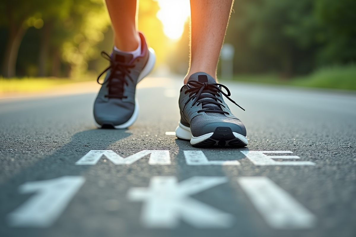 Détail de chaussures de sport sur un chemin avec marques de distance