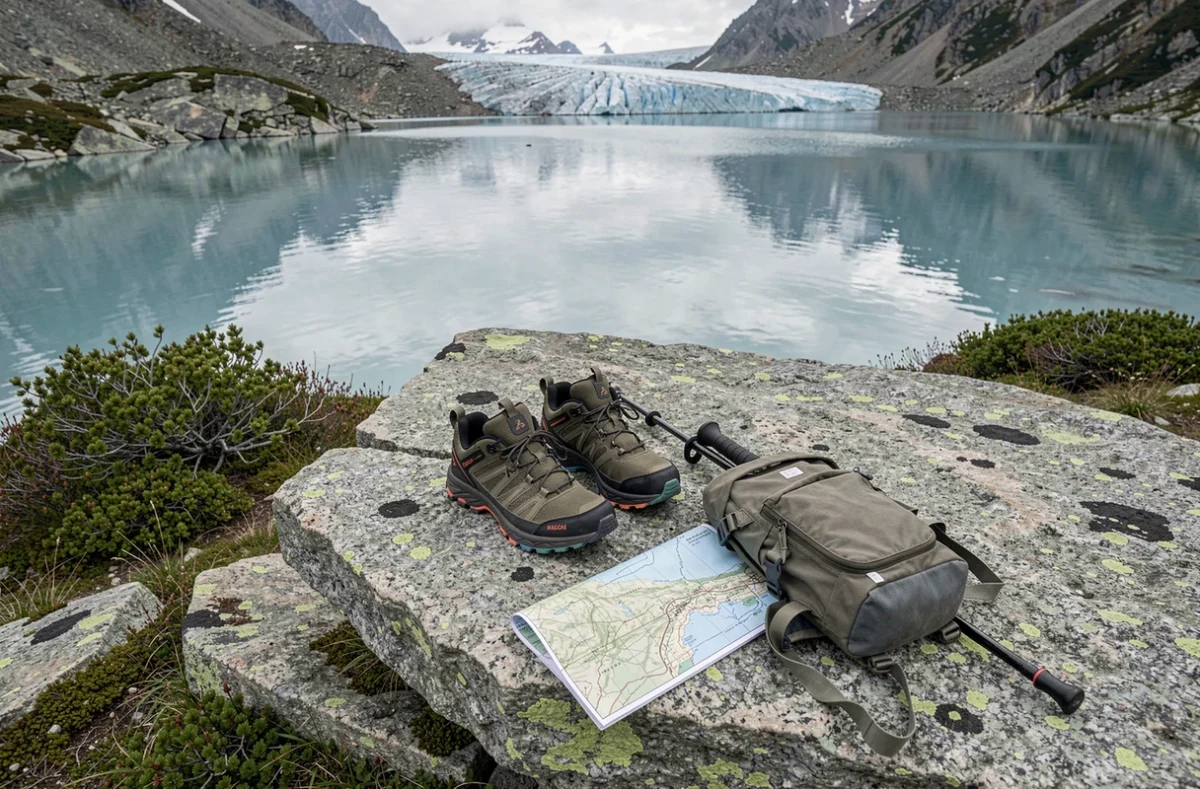 Chaussures Magma S posées sur un rocher granitique en altitude avec accessoires de randonnée et lac de montagne en arrière-plan