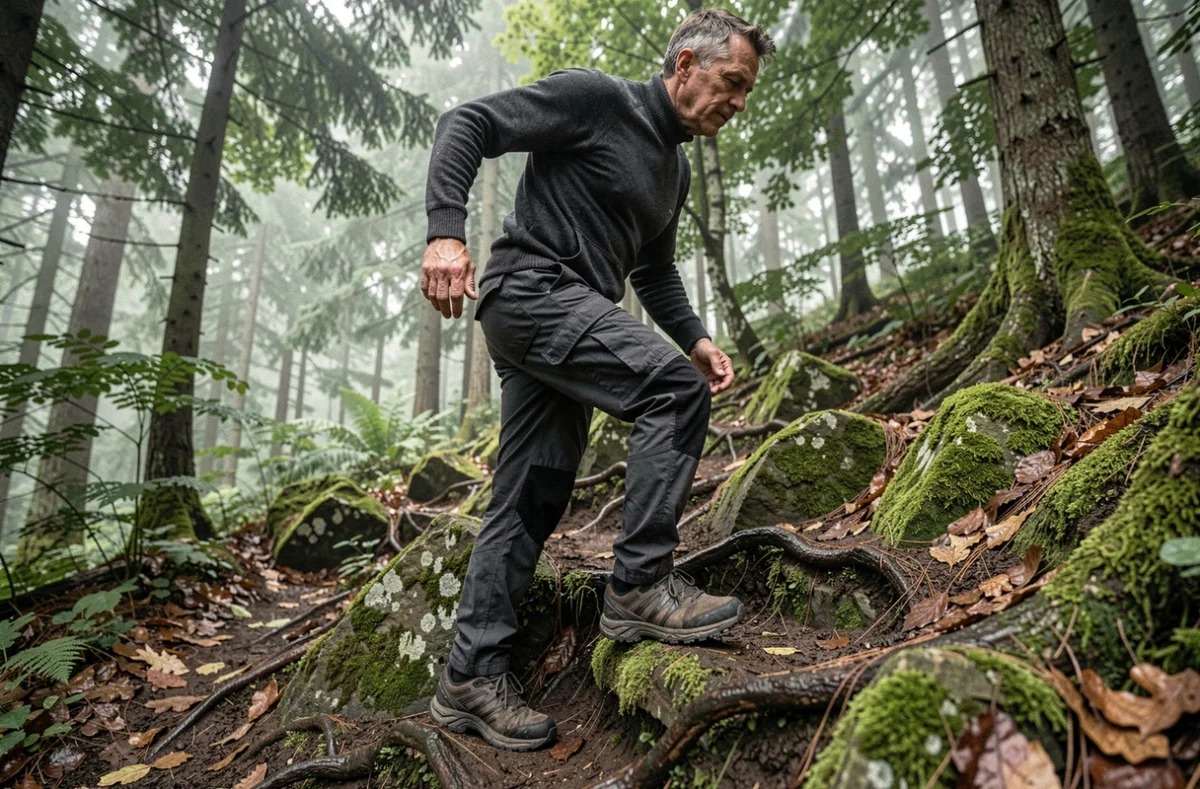 Randonneur homme utilisant les chaussures Magma S sur un sentier forestier technique avec racines et rochers moussus