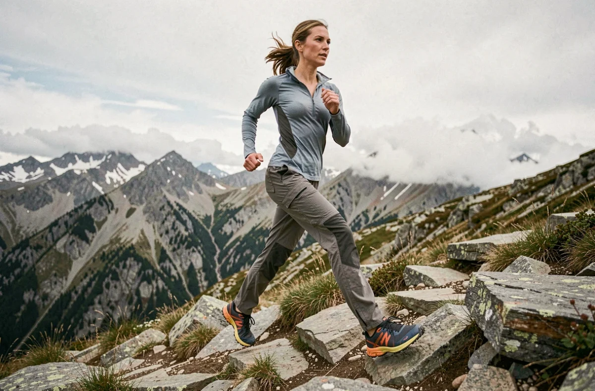 Femme trail runneuse portant les chaussures Magma S sur un sentier rocheux de montagne avec vue sur des sommets alpins