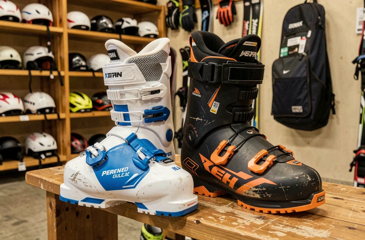 Comparaison côte à côte d'une chaussure de ski piste et d'une chaussure freeride femme sur un banc de magasin de ski