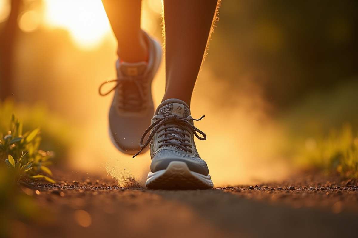 Zoom sur des chaussures de sport en marche sur un sentier ensoleille