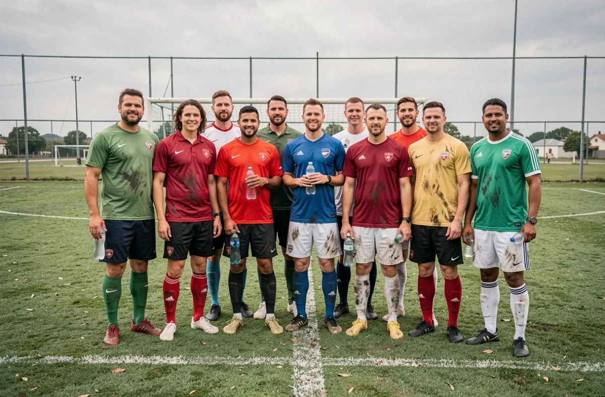 Groupe de joueurs et joueuses de football amateur en district après un match, portant des maillots colorés sur un terrain municipal