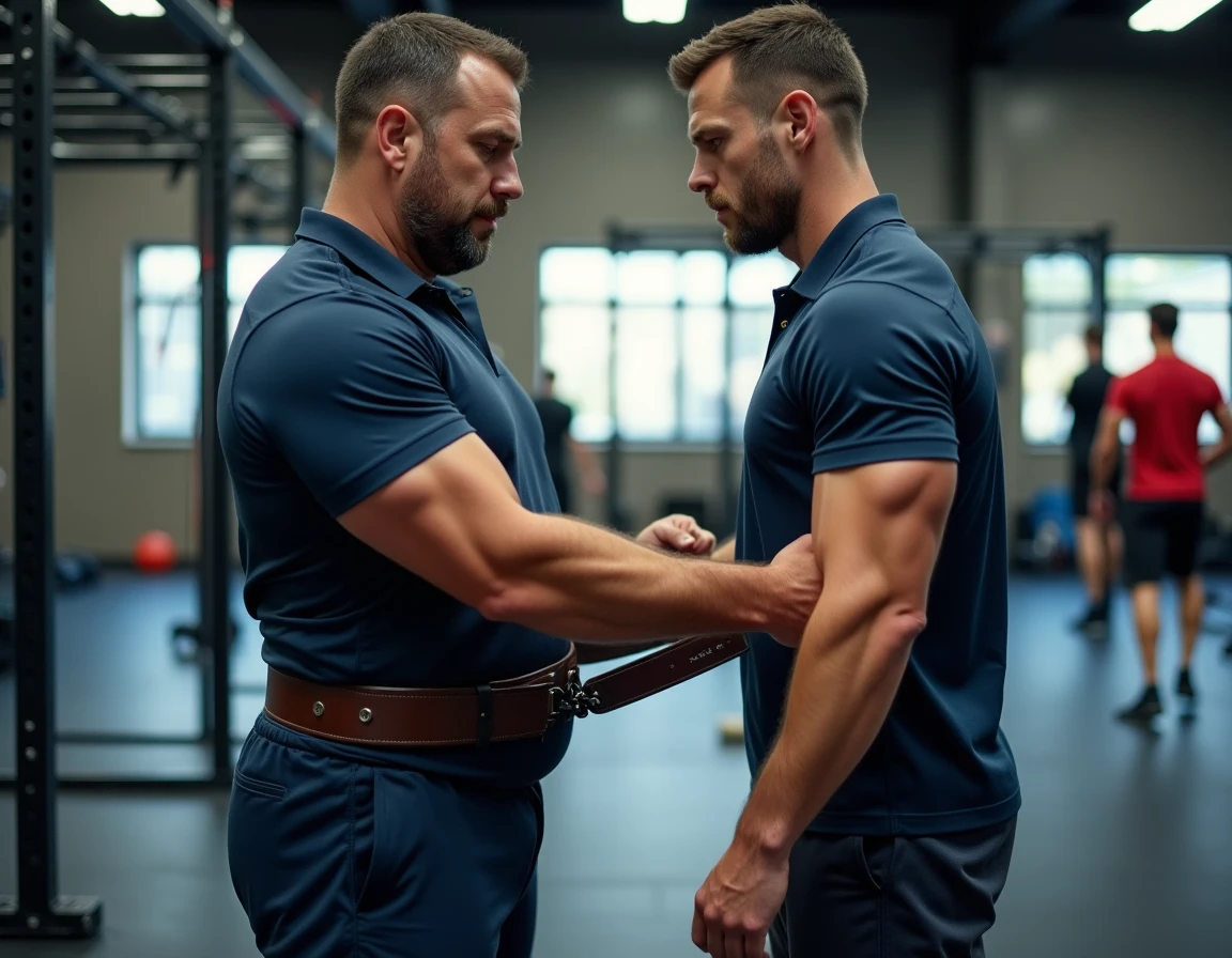 Coach sportif équipant son client d'une ceinture de lest pour pompes et dips avec démonstration de la technique correcte en salle de musculation