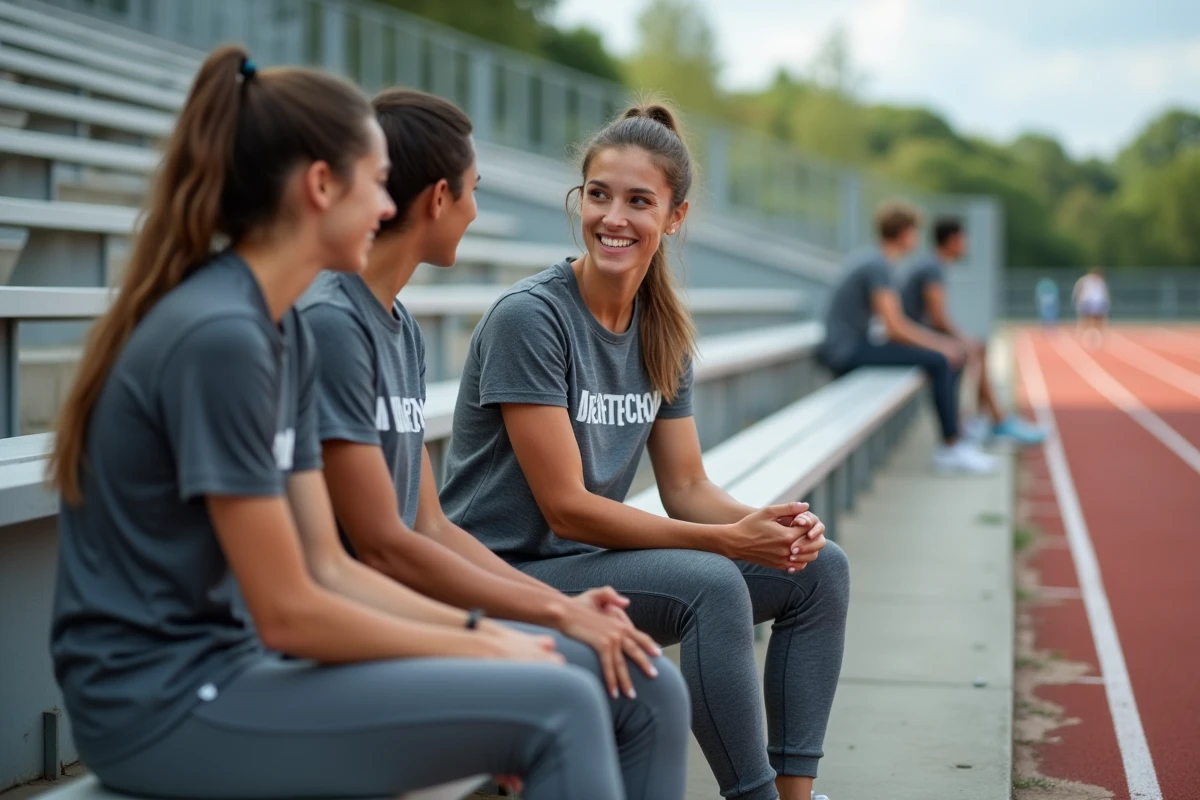 Jeune coach discutant avec athlètes dans un stade en plein air