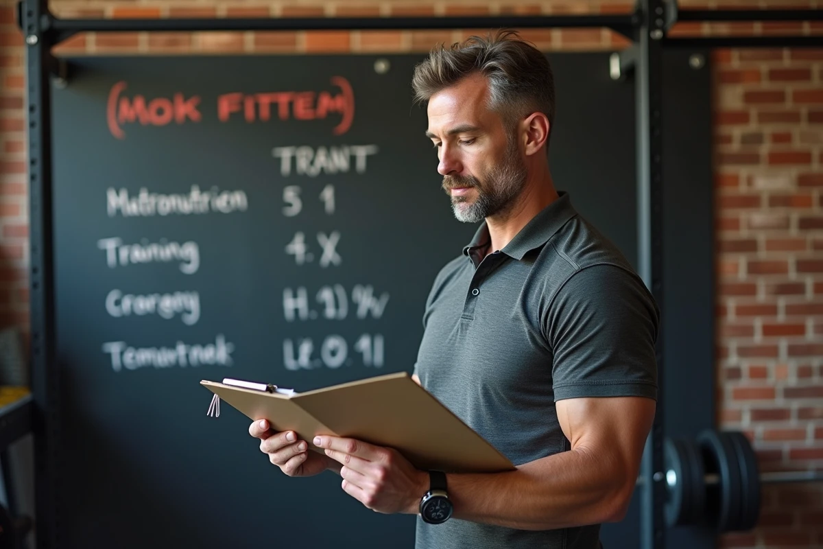 Coach sportif expérimenté analysant un programme de sèche musculaire avec plan nutritionnel dans un studio de coaching professionnel