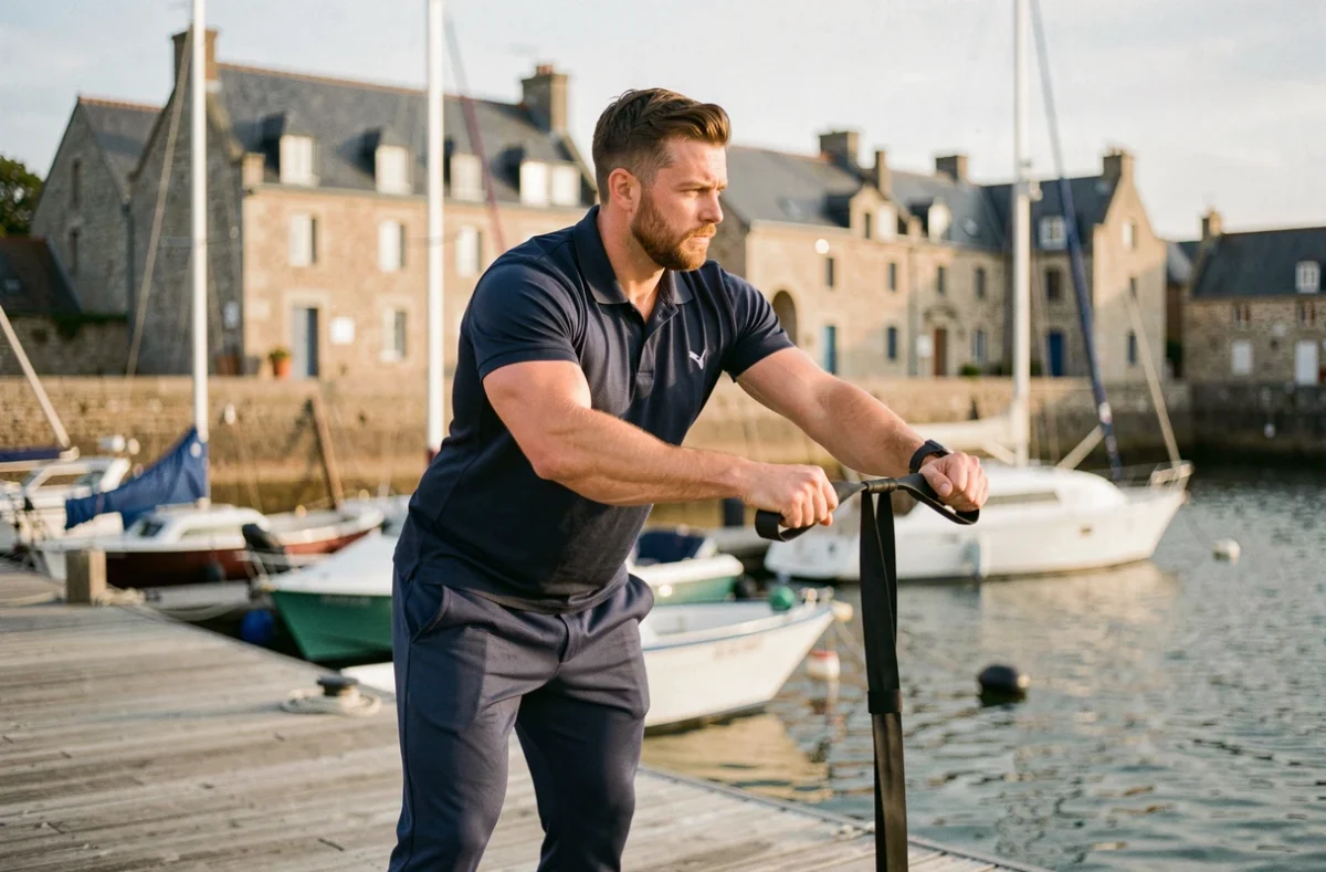 Coach sportif Jason Kermorvant guidant un client lors d'une séance d'entraînement avec bandes élastiques près du port d'Auray