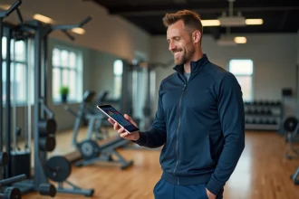 Entraîneur sportif souriant avec tablette dans un gym moderne