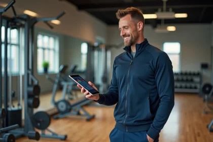 Entraîneur sportif souriant avec tablette dans un gym moderne