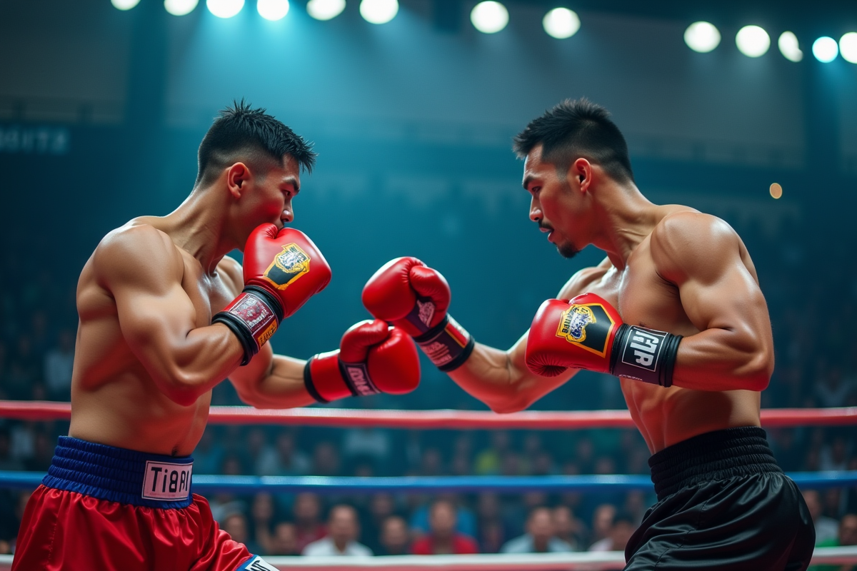Deux athlètes de thai boxing en action lors d un match dynamique