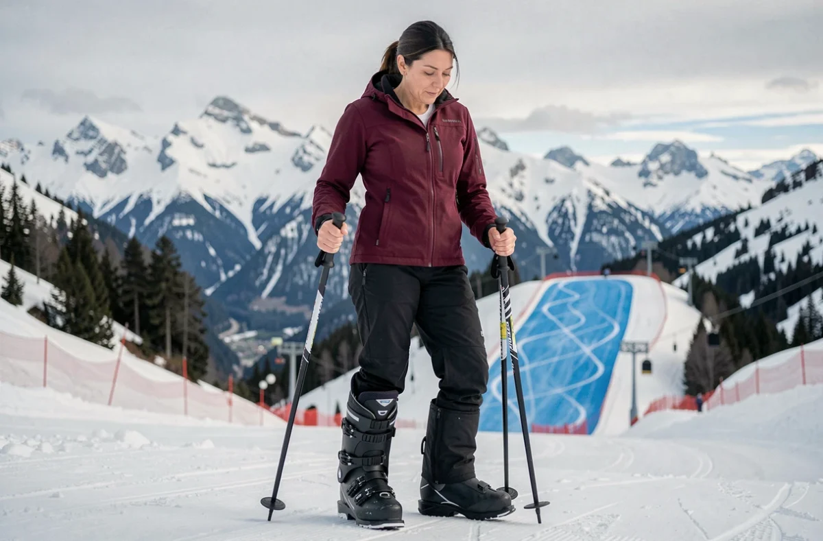 Femme comparant une chaussure de ski piste et une chaussure freeride au sommet d'une piste alpine enneigée