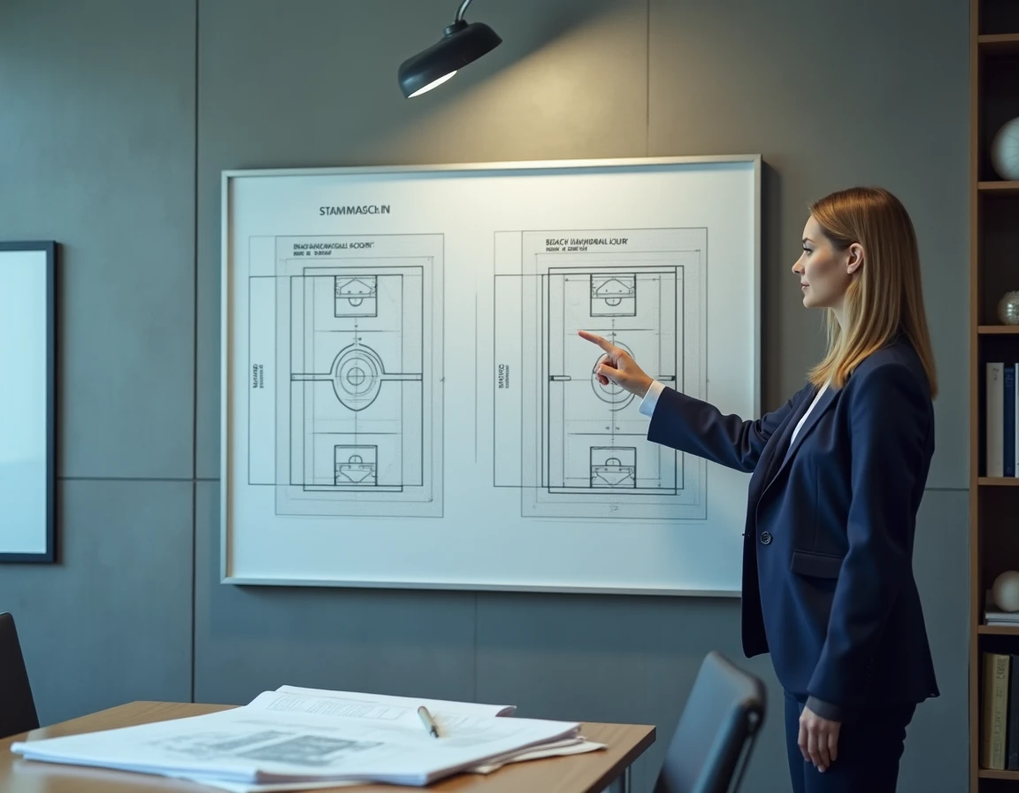 Analyste sportive comparant les dimensions d'un terrain de handball classique et de beach handball sur un panneau explicatif