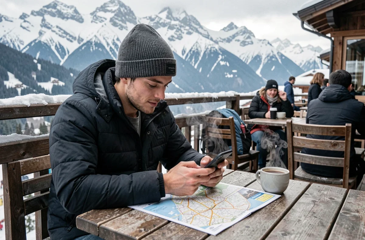 Jeune homme comparant des offres de forfaits et hébergements ski sur smartphone en terrasse d'un café aux Deux Alpes
