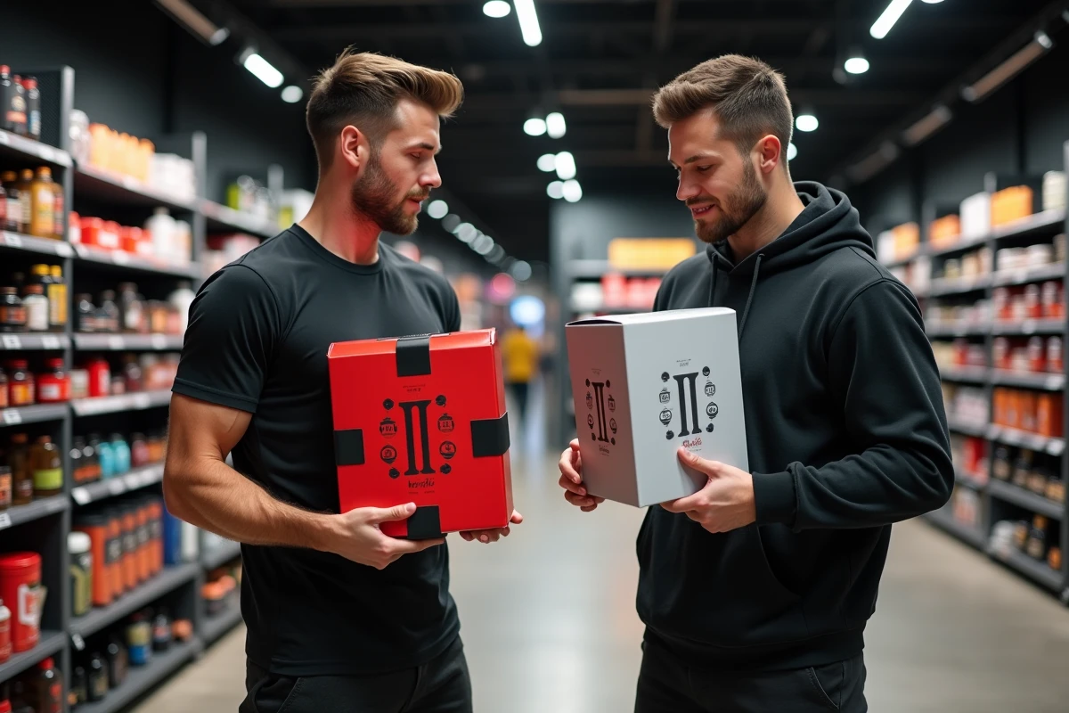 Deux hommes sportifs comparant des calendriers de l'Avent musculation dans un magasin de sport urbain