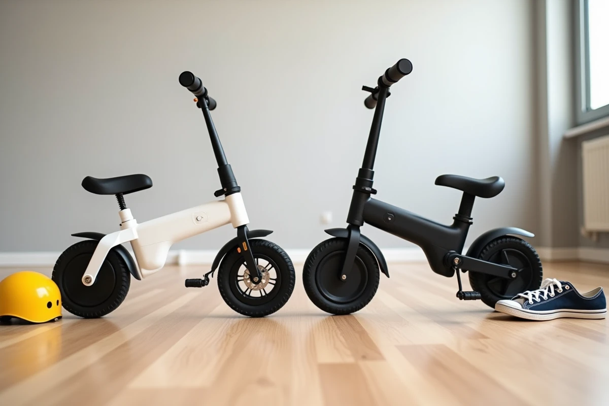Comparaison côte à côte de deux draisiennes électriques dont l'Urban Glide 140 sur parquet en intérieur
