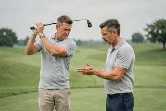 Instructeur de golf corrigeant la position du poignet d'un débutant pendant le backswing sur un parcours verdoyant